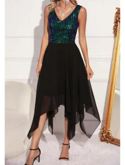 Women's Midi Dress Sequin Dress Party Dress Fashion Party Evening Party Regular Fit Color Block Sleeveless V Neck Green Apricot Summer Women Cocktail Dress
