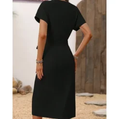 Clearance Women's Midi Dress Sheath Dress Elegant Daily Date Regular Fit Short Sleeve V Neck Black Apricot Summer Women Work Dresses