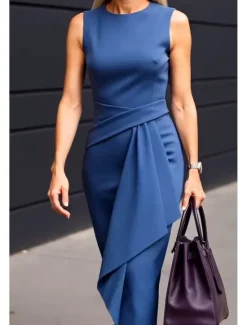 Online Women's Midi Dress Sheath Dress Summer Dress Ruched Dress Elegant Date Summer Dress Regular Fit Pure Color Sleeveless Crew Neck White Blue Purple Summer Women Work Dresses