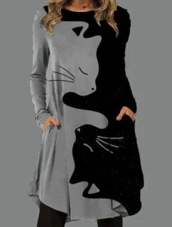 Sale Women's Midi Dress Sheath Dress T Shirt Dress Tee Dress A Line Dress Athletic Dress Vacation Casual Boho Daily Regular Fit Graphic Cat Long Sleeve Crew Neck Blue Gray Summer Spring Fall Women Casual Dress|T Shirt Dresses