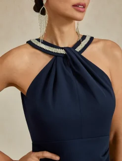 Online Women's Midi Dress Sheath Dress Elegant Wedding Party Wedding Guest Regular Fit Solid Color Sleeveless Halter Neck Off Shoulder Fall Winter Women Cocktail Dress