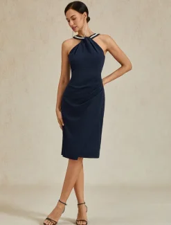 Online Women's Midi Dress Sheath Dress Elegant Wedding Party Wedding Guest Regular Fit Solid Color Sleeveless Halter Neck Off Shoulder Fall Winter Women Cocktail Dress