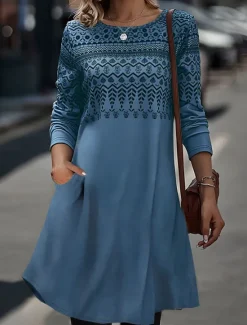 Discount Women's Midi Dress Sheath Dress T Shirt Dress Tee Dress A Line Dress Athletic Dress Vacation Casual Boho Daily Regular Fit Graphic Geometric Houndstooth Long Sleeve Crew Neck Blue Khaki Gray Summer Women T Shirt Dresses