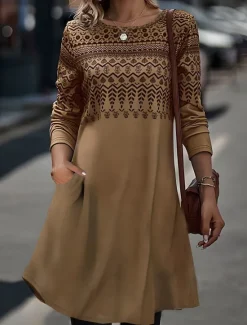 Discount Women's Midi Dress Sheath Dress T Shirt Dress Tee Dress A Line Dress Athletic Dress Vacation Casual Boho Daily Regular Fit Graphic Geometric Houndstooth Long Sleeve Crew Neck Blue Khaki Gray Summer Women T Shirt Dresses