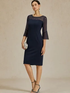 Hot Women's Midi Dress Sheath Dress Elegant Regular Fit Solid Color Half Sleeve Crew Neck Summer Spring Women Cocktail Dress