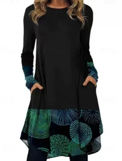 Outlet Women's Midi Dress Sheath Dress T Shirt Dress Tee Dress A Line Dress Athletic Dress Vacation Casual Boho Daily Regular Fit Graphic Geometric Houndstooth Long Sleeve Crew Neck Blue Brown Green Rainbow Women Casual Dress|T Shirt Dresses
