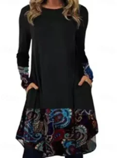 Outlet Women's Midi Dress Sheath Dress T Shirt Dress Tee Dress A Line Dress Athletic Dress Vacation Casual Boho Daily Regular Fit Graphic Geometric Houndstooth Long Sleeve Crew Neck Blue Brown Green Rainbow Women Casual Dress|T Shirt Dresses