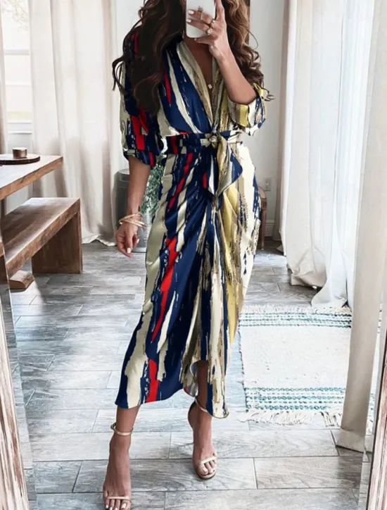 New Women's Midi Dress Sheath Dress Fashion Vacation Going out Weekend Regular Fit Tie Dye Plain Long Sleeve V Neck White Yellow Navy Blue Khaki Summer Women Cocktail Dress