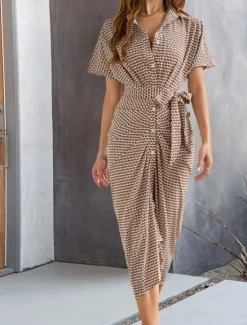 Outlet Women's Midi Dress Sheath Dress Summer Dress Casual Daily Regular Fit Graphic Short Sleeve Lapel Black Brown Summer Women Casual Dress