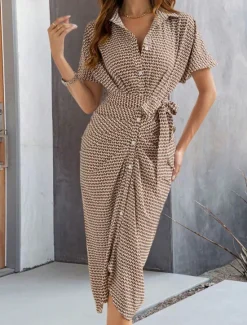 Outlet Women's Midi Dress Sheath Dress Summer Dress Casual Daily Regular Fit Graphic Short Sleeve Lapel Black Brown Summer Women Casual Dress