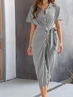 Outlet Women's Midi Dress Sheath Dress Summer Dress Casual Daily Regular Fit Graphic Short Sleeve Lapel Black Brown Summer Women Casual Dress