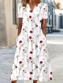 Online Women's Midi Dress Shift Dress Floral Pocket Print V Neck Date Vacation Short Sleeve Summer Spring Women Spring Dresses|Casual Dress