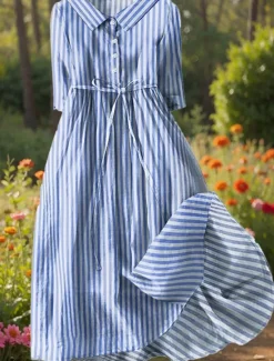 Women's Midi Dress Shift Dress Casual Daily Regular Fit Graphic Striped Half Sleeve Shirt Collar Red Blue Purple Green Summer Spring Women Casual Dress