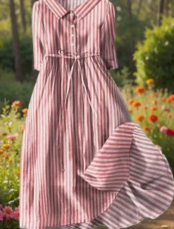 Women's Midi Dress Shift Dress Casual Daily Regular Fit Graphic Striped Half Sleeve Shirt Collar Red Blue Purple Green Summer Spring Women Casual Dress