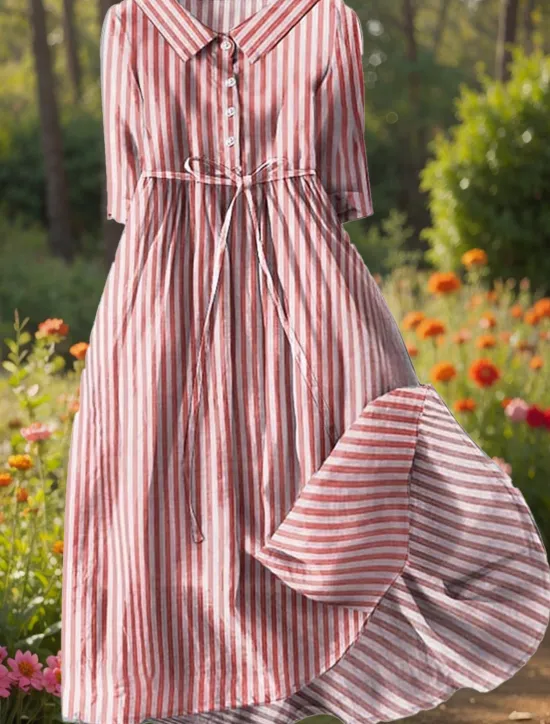 Women's Midi Dress Shift Dress Casual Daily Regular Fit Graphic Striped Half Sleeve Shirt Collar Red Blue Purple Green Summer Spring Women Casual Dress