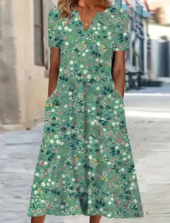 Women's Midi Dress Shift Dress Summer Dress Print Dress Active Fashion Streetwear Outdoor Vacation Date Regular Fit Floral Short Sleeve V Neck Blue Green Gray Summer Spring Women Spring Dresses|Casual Dress