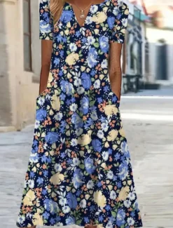 New Women's Midi Dress Shift Dress Floral Pocket Print V Neck Vacation Short Sleeve Summer Spring Women Spring Dresses|Casual Dress
