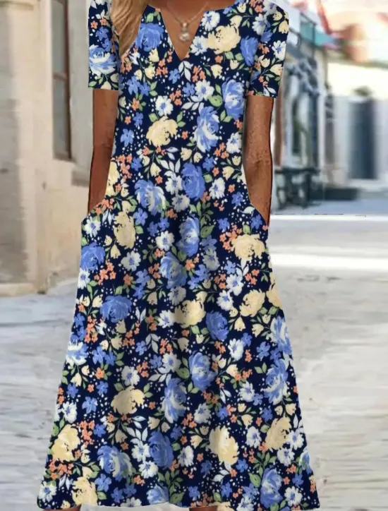 New Women's Midi Dress Shift Dress Floral Pocket Print V Neck Vacation Short Sleeve Summer Spring Women Spring Dresses|Casual Dress