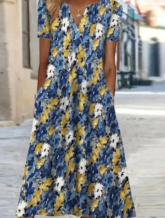 New Women's Midi Dress Shift Dress Floral Pocket Print V Neck Vacation Short Sleeve Summer Spring Women Spring Dresses|Casual Dress