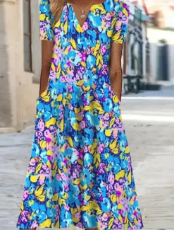 New Women's Midi Dress Shift Dress Floral Pocket Print V Neck Vacation Short Sleeve Summer Spring Women Spring Dresses|Casual Dress