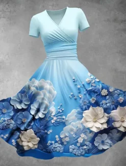 Best Women's Midi Dress Shift Dress Summer Dress Elegant Vacation Casual Regular Fit Floral Graphic Short Sleeve V Neck Red Blue Light Blue Summer Spring Women Casual Dress