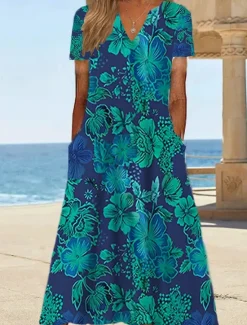 Women's Midi Dress Shift Dress Sundress Floral Pocket Print V Neck Date Vacation Short Sleeve Summer Spring Women Spring Dresses|Vacation Dresses