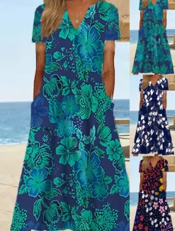 Women's Midi Dress Shift Dress Sundress Floral Pocket Print V Neck Date Vacation Short Sleeve Summer Spring Women Spring Dresses|Vacation Dresses