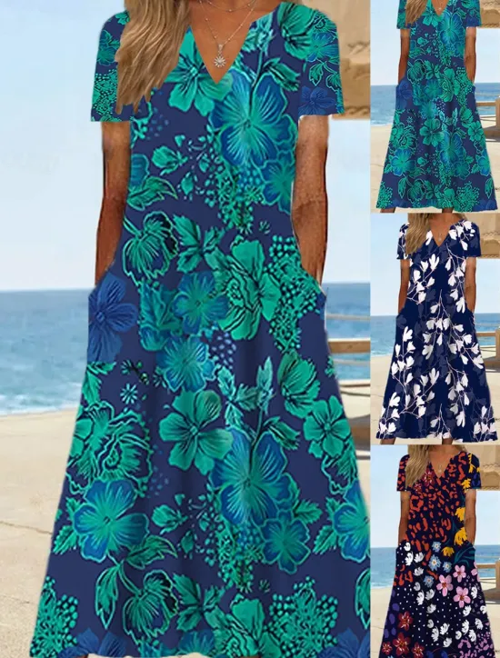Women's Midi Dress Shift Dress Sundress Floral Pocket Print V Neck Date Vacation Short Sleeve Summer Spring Women Spring Dresses|Vacation Dresses