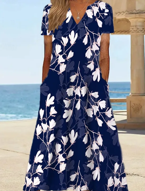 Women's Midi Dress Shift Dress Sundress Floral Pocket Print V Neck Date Vacation Short Sleeve Summer Spring Women Spring Dresses|Vacation Dresses