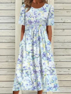 Outlet Women's Midi Dress Shift Dress Swing Dress Short Sleeve Floral Pocket Spring Summer Crew Neck Stylish Loose Fit 2023 S M L XL XXL 3XL Women Casual Dress|Spring Dresses