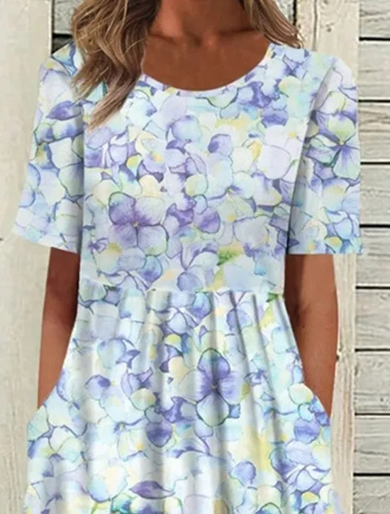 Outlet Women's Midi Dress Shift Dress Swing Dress Short Sleeve Floral Pocket Spring Summer Crew Neck Stylish Loose Fit 2023 S M L XL XXL 3XL Women Casual Dress|Spring Dresses
