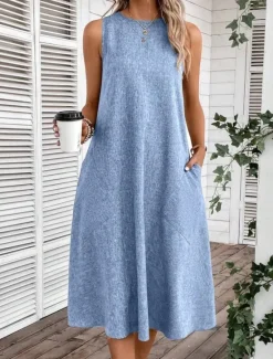 Online Women's Midi Dress Shift Dress Summer Dress Casual Daily Regular Fit Solid Color Sleeveless Crew Neck Pink Navy Blue Blue Summer Women Sundresses