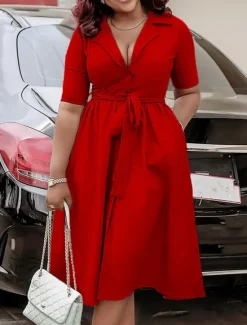 New Women's Midi Dress Shirt Dress A Line Dress Elegant Formal Work Regular Fit Plain Half Sleeve Shirt Collar Red Royal Blue Apricot Summer Women Work Dresses