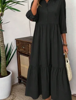 Sale Women's Midi Dress Shirt Dress Fashion Modern Outdoor Vacation Holiday Regular Fit Plain 3/4 Length Sleeve Shirt Collar Black Green Light Blue Summer Women Vacation Dresses