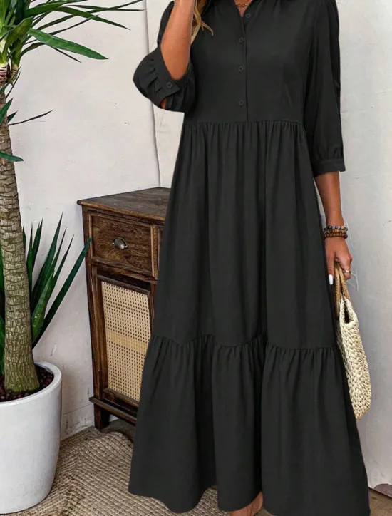 Sale Women's Midi Dress Shirt Dress Fashion Modern Outdoor Vacation Holiday Regular Fit Plain 3/4 Length Sleeve Shirt Collar Black Green Light Blue Summer Women Vacation Dresses