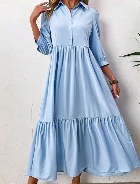 Sale Women's Midi Dress Shirt Dress Fashion Modern Outdoor Vacation Holiday Regular Fit Plain 3/4 Length Sleeve Shirt Collar Black Green Light Blue Summer Women Vacation Dresses