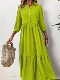 Sale Women's Midi Dress Shirt Dress Fashion Modern Outdoor Vacation Holiday Regular Fit Plain 3/4 Length Sleeve Shirt Collar Black Green Light Blue Summer Women Vacation Dresses