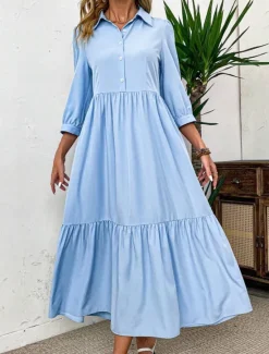 Sale Women's Midi Dress Shirt Dress Fashion Modern Outdoor Vacation Holiday Regular Fit Plain 3/4 Length Sleeve Shirt Collar Black Green Light Blue Summer Women Vacation Dresses