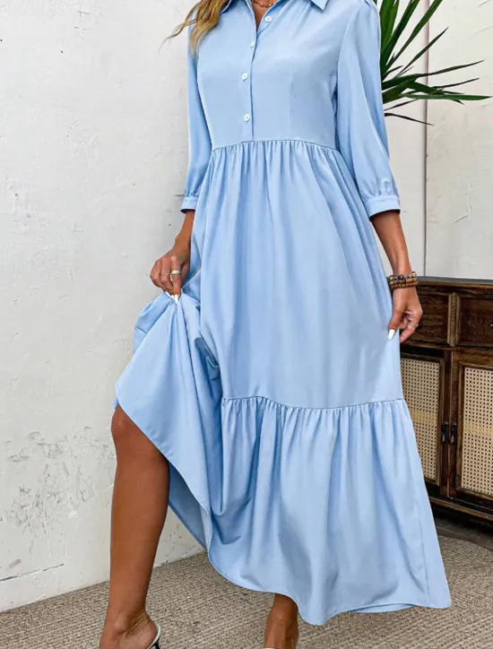 Sale Women's Midi Dress Shirt Dress Fashion Modern Outdoor Vacation Holiday Regular Fit Plain 3/4 Length Sleeve Shirt Collar Black Green Light Blue Summer Women Vacation Dresses