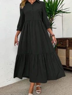 Sale Women's Midi Dress Shirt Dress Fashion Modern Outdoor Vacation Holiday Regular Fit Plain 3/4 Length Sleeve Shirt Collar Black Green Light Blue Summer Women Vacation Dresses