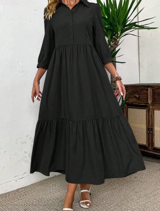 Sale Women's Midi Dress Shirt Dress Fashion Modern Outdoor Vacation Holiday Regular Fit Plain 3/4 Length Sleeve Shirt Collar Black Green Light Blue Summer Women Vacation Dresses