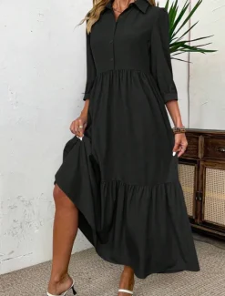 Sale Women's Midi Dress Shirt Dress Fashion Modern Outdoor Vacation Holiday Regular Fit Plain 3/4 Length Sleeve Shirt Collar Black Green Light Blue Summer Women Vacation Dresses