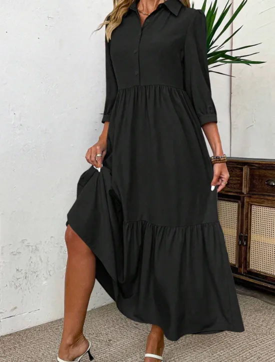 Sale Women's Midi Dress Shirt Dress Fashion Modern Outdoor Vacation Holiday Regular Fit Plain 3/4 Length Sleeve Shirt Collar Black Green Light Blue Summer Women Vacation Dresses