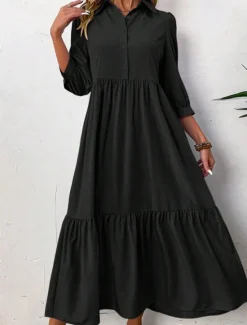 Sale Women's Midi Dress Shirt Dress Fashion Modern Outdoor Vacation Holiday Regular Fit Plain 3/4 Length Sleeve Shirt Collar Black Green Light Blue Summer Women Vacation Dresses