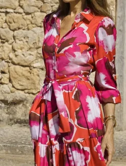 Sale Women's Midi Dress Shirt Dress Floral Dress Print Dress Classic Modern Outdoor Daily Holiday Regular Fit Flower Long Sleeve Shirt Collar Blue Rose Red Summer Women Floral Dresses