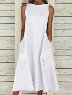 New Women's Midi Dress Sleeveless Pockets Casual A-Line Silhouette Round Neckline White Summer Versatile Regular Fit Comfortable Lightweight Breathable Clothing Apparel Women Dresses|White Dresses