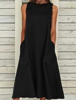 New Women's Midi Dress Sleeveless Pockets Casual A-Line Silhouette Round Neckline White Summer Versatile Regular Fit Comfortable Lightweight Breathable Clothing Apparel Women Dresses|White Dresses