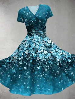 Discount Women's Midi Dress Summer Dress Fit And Flare Dress Party Casual Daily Holiday Regular Fit Floral Graphic Short Sleeve V Neck Red Blue Green Dark Blue Summer Women Vacation Dresses|Casual Dress