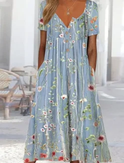 Outlet Women's Midi Dress Summer Dress Pleated Dress Vacation Casual Beach Holiday Loose Fit Floral Graphic Short Sleeve Crew Neck Blue Green Gray Summer Women Casual Dress