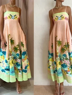 Discount Women's Midi Dress Summer Dress Slip Dress Print Dress Fashion Classic Vacation Beach Weekend Regular Fit Tropical Sleeveless Spaghetti Strap Summer Women Vacation Dresses
